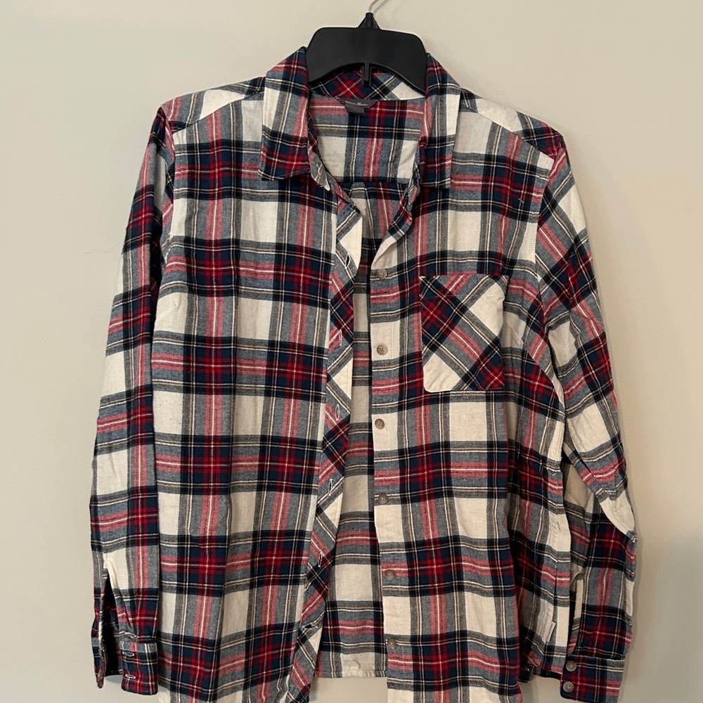 Women’s Eddie Bauer Navy, Red & White Plaid Casual Button-Down Shirt